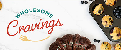 Wholesome Cravings banner with a tray of cookies