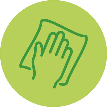 A green icon with a hand using a multi-surface cleaning wipe