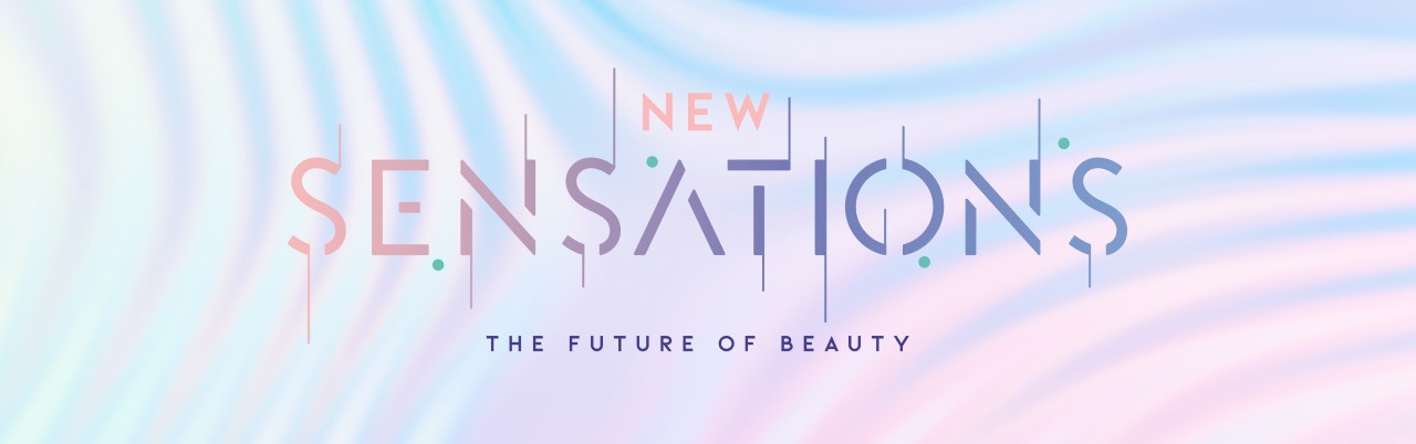Futuristic background with the words "New Sensations, The future of beauty"