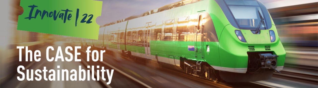 Green high-speed train with text reading "The CASE for sustainability"