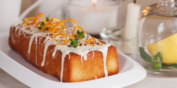 Cake on a table with orange and lemon
