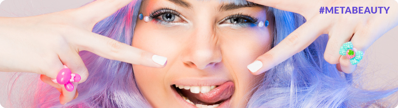Woman smiling on futuristic banner with text "New Sensations, The future of beauty"